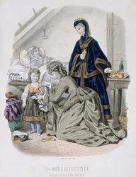 The Charitable Visit, illustration fra La Mode Illustree, ca. 1870 (farvegravering)