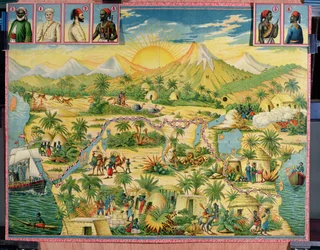 The Conquest of Africa, brætspil baseret på rejserne af Sir Henry Morton Stanley (1841-1904) og David Livingstone (1813-73) (farvegravering)