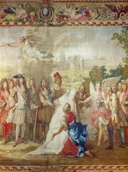 Konstruktionen af Les Invalides i 1670, central detalje fra Kongens historie, efter Adam Frans Van der Meulen (1632-90) og Charles Le Brun (1619-90) Gobelins Workshop