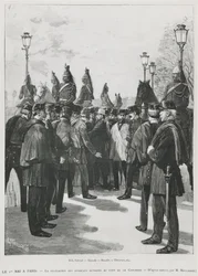Fagforeningernes delegation i Pont de la Concorde under demonstrationen den 1. maj i Paris, 1. maj 1890, indgraveret af L. Moulignie, gengravering)