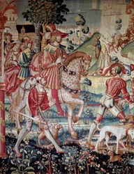 Den fortabte søns afrejse. Vægtæppe af uld og silke fremstillet i Tournai omkring 1520. Paris, Nationalmuseet for Middelalderen, Thermes de Cluny