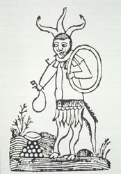 Djævelen peger på skjulte skatte, kopi af en illustration fra Le Véritable Dragon Rouge, 2. version, Lille 1521, anvendt i en Magiens historie, udgivet sent i det nittende århundrede
