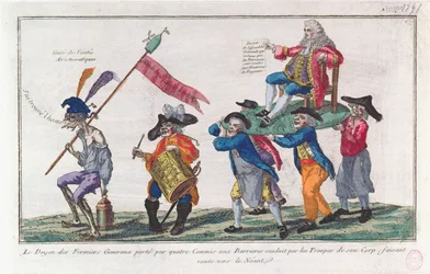 Doyen fra Fermiers Generaux bliver båret af hans vagter mod Nothingness, 1791 (håndfarvet akvatint)