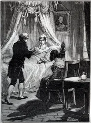 Hertuginden af Berry (Marie Caroline, prinsesse af de to Sicilier, hertuginde af Berry (1798-1870) på fæstningen Blay modtager doktor Louis Charles Deneux (1767-1846) - Gravering -