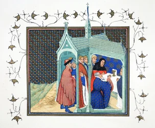 Jarlen af Northumberland ved højmesse i kapellet ved Conway Castle aflægger sin forræderiske og fatale ed, faksimilekopi fra Le Prinse et Mort du Roy Richart af Jean Creton, genoptrykt 1800-tallet