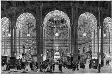 Electricite Exhibition i Wien (Østrig), en oversigt over den store rotunde oplyst af elektrisk lys. Indgravering i "" Nature. Gennemgang af videnskab og dens anvendelser til kunst og industri. 1884.