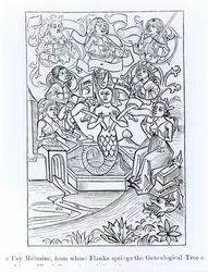 Fay Melusine, fra hvis flanker udspringer Kongernes og Kejsernes Genealogiske Træ, illustration fra Videnskab og Litteratur i middelalderen og renæssancen, skrevet og indgraveret af Paul Lace