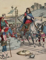 Den galliske høvding Vercingetorix (72-46 f.Kr.) overgiver sig til den romerske hærfører Julius Cæsar (100-44 f.Kr.) efter slaget ved Alesia i 52 f.Kr.