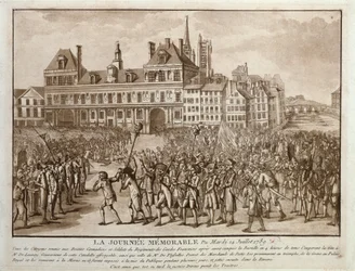 Lederne af Launay og Flesselles promenerede foran Hotel de Ville, 14. juli 1789