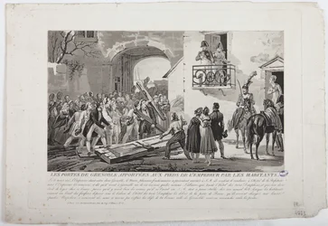 Indbyggerne, der afsætter Grenobles porte ved kejserens fødder, 6. marts 1815, udgivet af Martinet, 1815