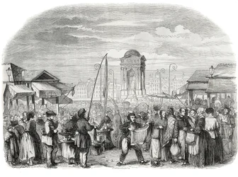 De uskyldige marcherer i Paris med springvandet - Indgravering i "Tableau-de-Paris" af Edmond Texier 1852