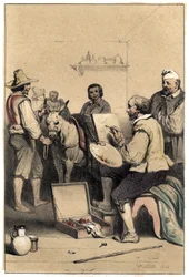 Den italienske maler Antonio Allegri (kendt som Correggio eller Le Correge 1489-1534), støtter, skaber tegnet på en kro, for at betale for hans måltid Tallerken taget fra "" Scener af berømte mænds liv""" gravering i to farver af Valerio. 1843.