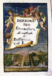 Jardin des Plantes i Paris, frontispice fra Dizionario Elementare dimostrato di Bottanica, bind I Istitutiones Rei Herbariae, af Joseph Pitton de Tournefort (1656-1708), udgivet i Paris, 1.