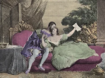Kongen af Frankrig Francois I (1494-1547) med Diane de Poitiers (1499-1566) Dame af Breze, hertuginde af Valentinois. Litografi af Daveria fra 1832 i "" Laughs Et Galanterie "". Ugentlig samling af Galantes-billeder i retning af John Grand-Carteret.