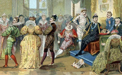 Kongen af Frankrig Henry III (1551-1589) omgiver sine cuties. Kromolitografi i slutningen af det 19. århundrede