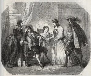 Kongen af Frankrig Ludvig XIII (1601-1643) bliver fanget med migræne, da han taler med dronning Anne af Østrig (1601-1666). Indgravering fra 1871 i "Histoire Des Cocus Celebres"" af Henry de Kock (1819-1892).