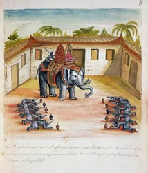 Kongen af Siam på sin elefant, fra en beretning om jesuitterne i Siam, 1688 (wc på papir)
