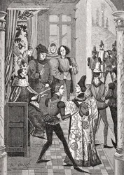 Kongens hof eller det store råd, efter en miniature i Froissarts krønike, fra "Le Moyen Age et la Renaissance" af Paul Lacroix (1806-84), udgivet 1847