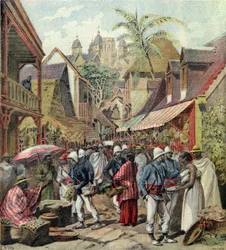 Madagaskar-ekspeditionen, franske soldater i en gade i Tananarive, fra Le Petit Journal, 27. oktober 1895