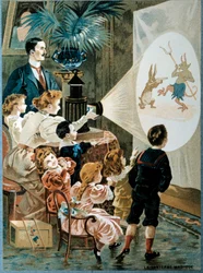 Den magiske lanterne i familien Børn kigger på den magiske lanterneskærm, 20. århundrede (chromolitografi)