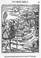 The Way in which to reduce in any form of ground to the Surveying Square, illustration fra LAgriculture et Maison Rustique af Charles Estienne, udgave udgivet 1641