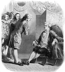 Markisen de Puysieulx modtager Philippe Nericault Destouches (1680-1754) og hans trup af rejsende komikere. Stik fra 1858-1859.