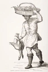 Fjerkræhandleren, efter et træsnit fra det 16. århundrede af Cesare Vecellio (1521-1601) fra "Le Moyen Age et La Renaissance" af Paul Lacroix (1806-84), udgivet i 1847