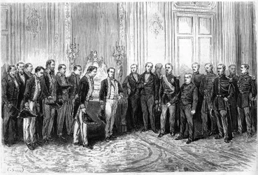 Præsidenten for den franske republik Adolphe Thiers (1797-1877) modtog japanske ambassadører i Elysee-paladset. Indgravering i "" Le Monde Illustré"" nr. 821 af 4. januar
