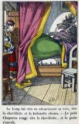Rødhætten kommer ind i rummet, hvor ulven indtog sin bedstemors plads - i "Den Rødhætte", red. Pellerin, Epinal, n.d. 19.