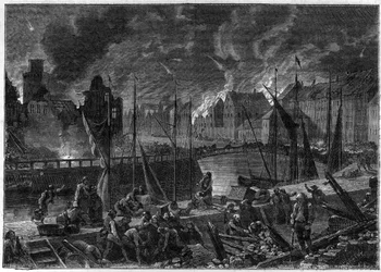 Det andet slag om København (eller bombardementet af København) (16. august-5. september 1807) Britisk bombardement af København for at seksten den dansk-norske flåde, under Napoleonskrigene - Engelske krige - Slaget ved København i 1807 o