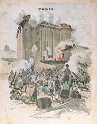Belejringen og erobringen af Bastillen den 14. juli 1789, forsideillustration af en skolebog, ca. 1889 (farvelitografi)