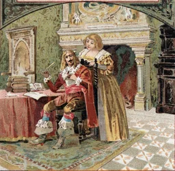 Sire of Beringhen og Madame du Fargis planlagde mod Richelieu (Armand Jean du Plessis, kardinal af Richelieu (1585-1642), minister for Ludvig XIII, på Chateau of Azay-le-Rideau (Azay le Rideau) (Indre-et- Loire). Kromolitografi af slutningen af det 19