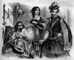 Den spanske forfatter Miguel de Cervantes Saavedra (1547-1616) hjemme i 1614 omgiver sin kone og greven af Lemos. Stik fra 1852.