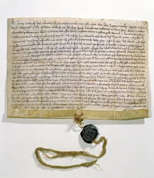 Statutterne for universitetet i Paris, produceret og givet af kardinal Robert de Courson, pavelig legat, i august 1215 (vellum og voks)