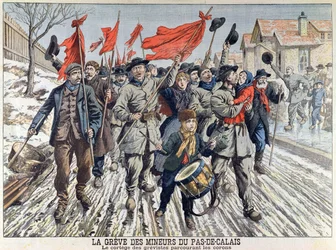 Minearbejdernes strejke i Pas-de-Calais, de strejkendes optog i minebyen, fra Le Petit Journal, 1. april 1906