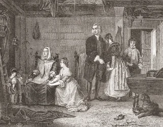Præsten fra Wakefield forsoner sin kone med Olivia efter maleriet af Gilbert Stuart Newton. Fra Histoire des Peintres, École Anglaise, udgivet 1867 (litho)