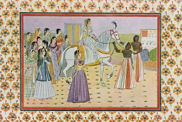 Den unge pige med et månelignende ansigt rider på en hvid hest, illustration fra The Arabian Nights, 1895 (farvegravering)