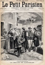 Indkvarteringsbilletten, der giver ret til en seng og et stearinlys, uddeles til soldaterne efter deres øvelser og store manøvrer. En af avisen "Le petit Parisien"" den 3/09/1893 (gravering)