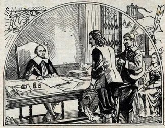 Adressekontoret for Theophraste Renaudot (1586-1653), fransk læge og journalist, grundlægger af Gazette de France. Anonym gravering fra 1930.