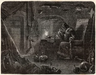 Alkymisten, der har lovet at lave guld, arbejder i sit laboratorium: Alkymisten i det 17. århundrede - i "Paris a travers les cules"" af Nicolas Jules Henri Gourdon de Kennouillac (1826-1898)