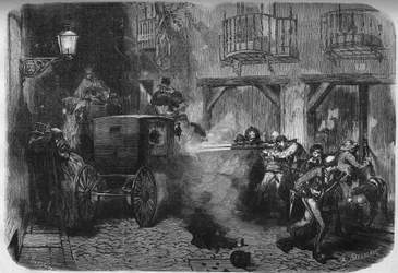 Attentatet på Juan Prim y Prats (1814-1870), spansk general og politiker, ved hans udgang fra Cortes i Calle del Turco i Madrid den 28. december 1870. Stik i „Le Monde Illustré“ nr. 724 af 25. februar 1871.
