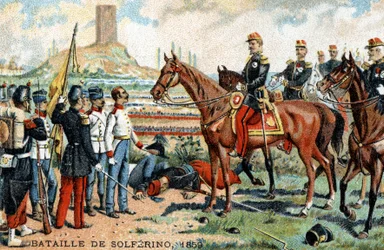 The battle of Solferino (Italy) between the French-Sardinian (victors) and Austrian (defeated) armies in 1859. Chromolithography of the 19th century.