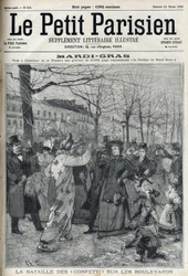 Slaget om konfetti på den parisiske boulevard under Mardi Gras (Mardi-Gras). Gravering i "Le petit Parisien""