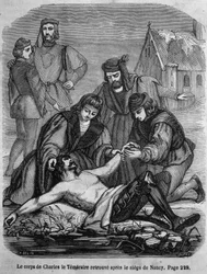 Liget af Karl den Dristige (1433 - 1477) fundet efter belejringen af Nancy - i "Histoire de France" af L.-P. Anquetil