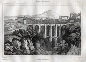 Broen har dobbelte arkader - CIVITA CASTELLANA - Provinsen Viterbo - Italien - Indgravering fra "" Italy Picturesque" - Historisk og beskrivende maleri af Italien"" af M. de Norvins, Ch. Nodier 1834-1836.