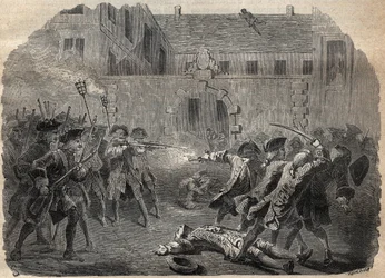 Briganden Louis Dominique Garthausen dit Cartridge (1693-1721) og hans kammerater, der skal gøre hotel Desmaretz i Paris, overrasket og angrebet af bueskytterne efter en hård kamp, de flygter gennem tagene - den franske brigand Louis Domini