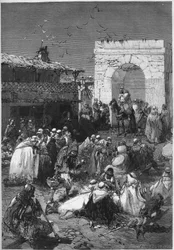 Caiderne og djemmaerne fra kredsen Saida i Algeriet bringer til det arabiske kontor deres gaver beregnet til at forløse de franske departementer besat af Tyskland siden slutningen af krigen i 1870. Indgravering i "" Le Monde Illustré"" n°784 af 20 april 18