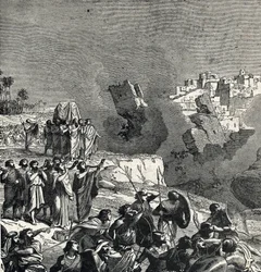Erobringen af Jeriko, hvor Israels folk får deres trompeter til at lyde under bymurene, hvis adgang er forbudt for dem, Ce son fait fait les murs de la ville (Slaget ved Jeriko, israelitternes første slag i deres erobring af