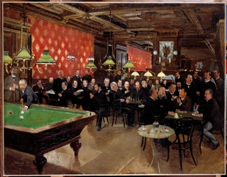 Den Republikanske Unions kreds: medlemmer af Den Republikanske Union mødes på caféen for at tale sammen og spille billard under den 3. Republik. Anonymt maleri