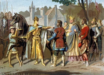 Kommunen Vezelay (1153): Abbe Pons, greven af Nevers og dommerne i Vezelay før Louis VII i Moret, nær skoven Fontainebleau, besluttede kommunens forsvinden. Kromolitografi af serien "" Patriotic Educatio